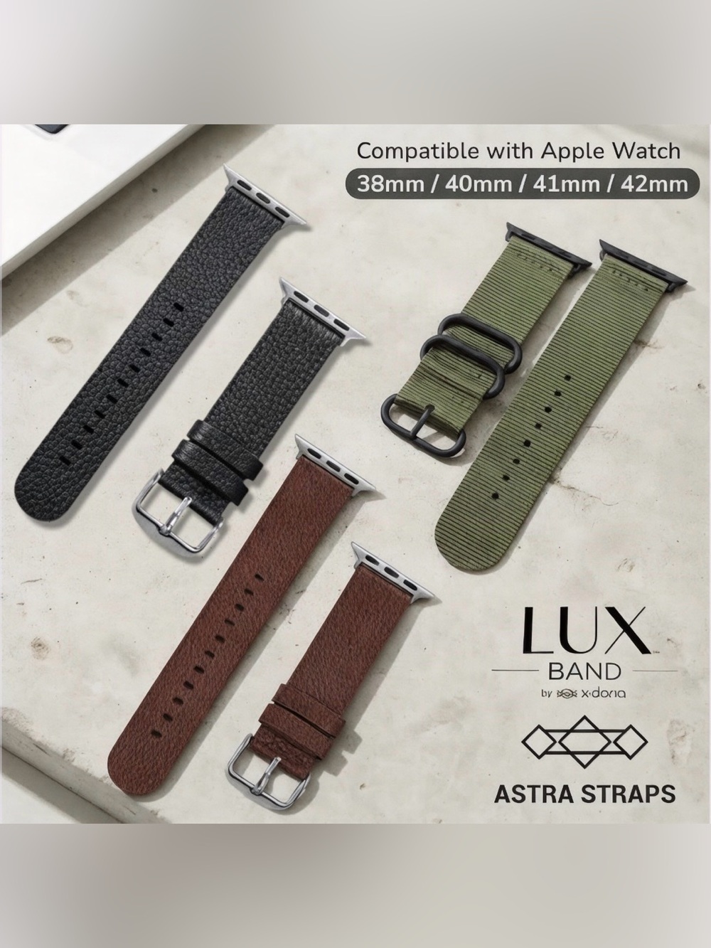 New Apple Watch Bands Lot of 3- Lux Band Leather & Astra Straps Nylon